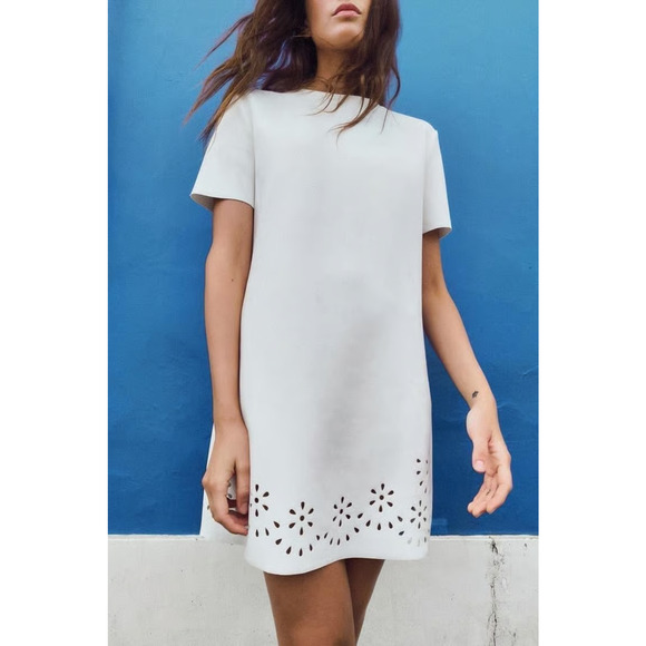 Zara Faux Suede Short Sleeve Eyelet Detail Shift Mini Dress White Women's Small - Picture 1 of 6